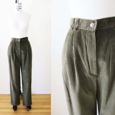 Vintage 90s High Waist Olive Green Pleated Corduroy Pants 27 - 1990s Harve Benard Wide Wale Womens Cords - Preppy Academia Fall Style 