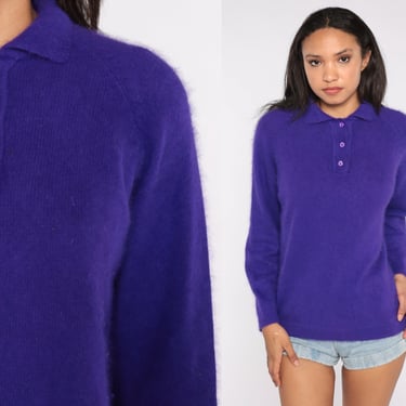 Purple Collared Sweater 80s Knit Sweater Angora Blend Fuzzy Soft Pullover Button Up Polo Sweater Henley 1980s Vintage Knitwear Large L 