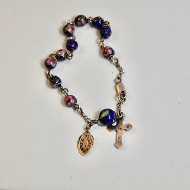 Round Rosary Cobalt Blue Cloisonné  Bead Bracelet All Sterling Silver 7+" Catholic Rosary With Miraculous Medals Vintage Confirmation Gift 