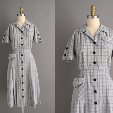 vintage 1950s Dress | Gray Plaid Print Cotton Day Dress | Large 
