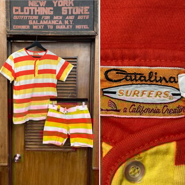 Vintage 1960’s Catalina Stripe Henley Surf Cotton Mod Two Piece Set, Shirt, Swim Trunks, Two Piece Outfit, Mod, 1960s, Stripes, Catalina 