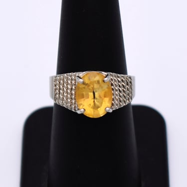 60's Modernist citrine sterling size 7.75 CCC solitaire, Charm Craft ridged 925 silver oval yellow gem ring 