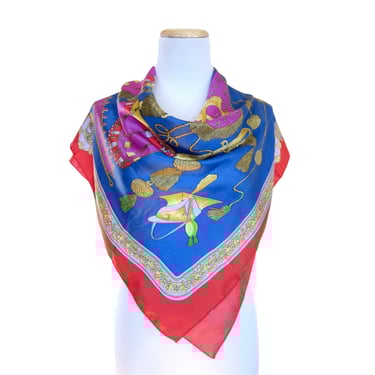 Vintage Classical Military Theme Scarf, Blue Red Purple & Gold Scarf, Regal Style with Military Helmets, Swords and Drums, Hermes Style 