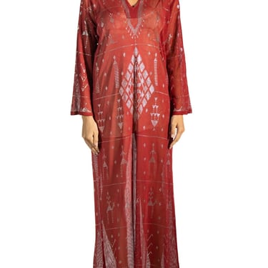 1970S Garnet Red Cotton Egyptian Assuit Metal Embroidered Dress 