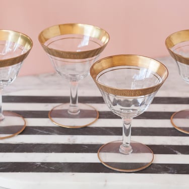 Golden Rim Champagne Coupes Set of Four - Gold Rim Tiffin Style Glassware - Vintage Art Deco Barware - Luxurious Glassware - Parisian Home 