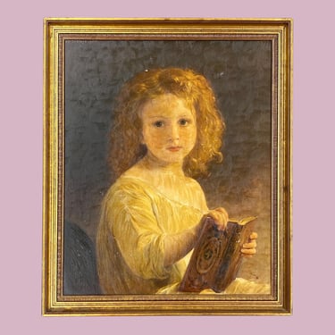 Vintage Portrait Painting 1990s Retro Size 26x22 William Adolphe Bouguereau + The Story Book + Child Reading + Reproduction Art + Home Decor 