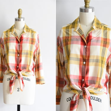 1950s Mad About Plaid top / vintage 50s plaid shirt / silk front tie shirt 