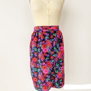 1980s Black Floral Faux Wrap Skirt, sz. S