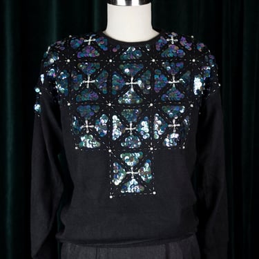 Vintage 80s Black Sweater with Iridescent Sequins and Beads 