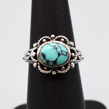 90's Charles Winston turquoise sterling size 5.75 solitaire, lacy 925 silver black matrix cab hippie ring 