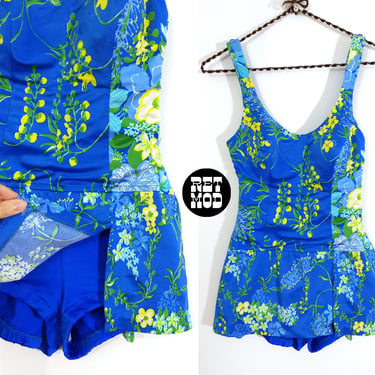 Lovely Vintage 60s 70s Blue Green Yellow Floral Skirted One-Piece Swimsuit 