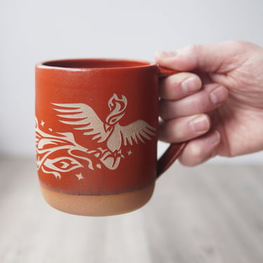 Phoenix Mug - flaming bird of renewal Farmhouse Style engraved rustic pottery 
