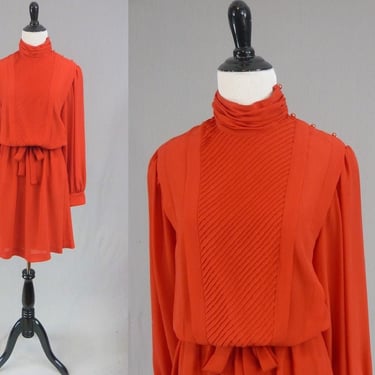 80s Red Granny Dress - Pintuck Detail - Ms. Chaus - Vintage 1980s - M 