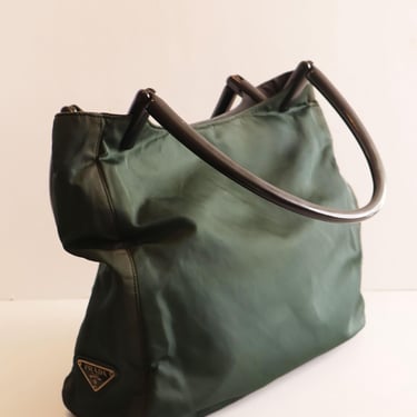 Vintage PRADA Dark Green Nylon + Plastic Handle Tote Bag with Logo Triangle Tessutuo Engraved Y2K 2000s Minimal 