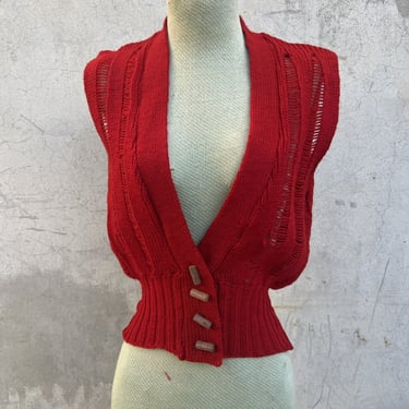 Vintage 1930s Red Wool Sweater Vest Cardigan Wooden Buttons Holly-Knit Deco