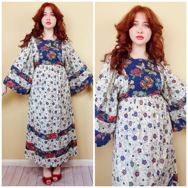 1970s Vintage 100% Cotton Kimono Sleeve Dress / 70s Blue Floral Bird and Butterfly Print Prairie Gown / Large 