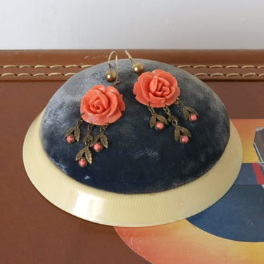 vintage Art Deco style carved coral rose earrings • brass & sculpted celluloid resin drop earrings 