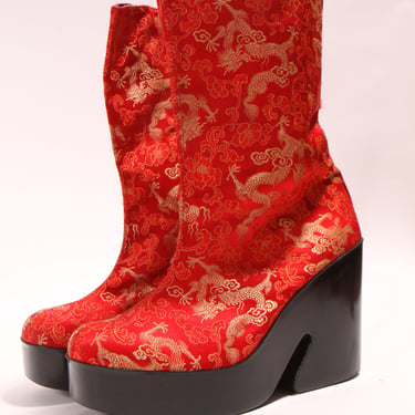 1990s Red, Gold and Black Satin Chinese Dragon Funky Platform High Heel Boots by Scibba -9M 