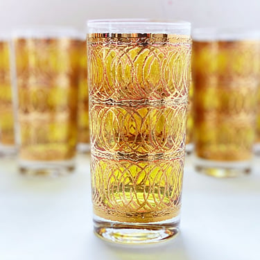 Early Georges Briard glassware. 4 MCM bar glasses in green & gold Rondo pattern. Mid Century Modern brutalist barware c.1960 