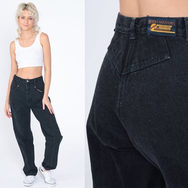 90s Rockies Jeans Black Western Denim Rodeo High Waisted Saddleback Yoke Pants Tapered Straight Leg Rocky Mountain Vintage 1990s Small S 28 