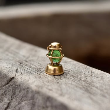 Vintage Art Deco 14K Gold Lantern Charm, Faceted Green Glass Bead, Green Lantern Charm, 3D Movable Gold Charm, Cute 585 Accessories, 12mm 