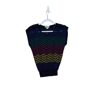 Vintage 80's Jessica Scott Black Rainbow Crochet Open Knit Sleeveless Sweater Shirt Blouse, Small 