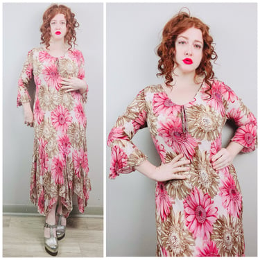 1990s Vintage Pink and Tan Temptations Rayon Bias Cut Dress / 90s Floral Print Beaded Flounce Trumpet Sleeve Gown / Large - XL 