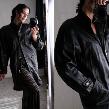Vintage 80s JACQUELINE FERRAR Black Lambskin Leather Jacket w/ Matte Gold Toggle Buttons | 100% Genuine Leather | 1980s Designer Jacket 