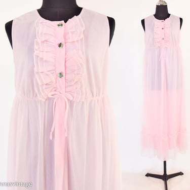 1950s Pink Nightgown | 50s Pink Nylon Nightgown | Pale Pink Lingerie | Medium 