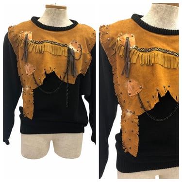Vintage VTG 1980s 80s Knit Sweater Suede Feather Metal Detail Glam Rock 