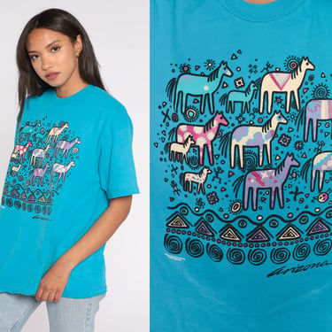 Arizona Shirt 90s Wild Horse Tshirt Southwestern Graphic Shirt Vintage 80s Blue Southwest Petroglyph Native American Shirt Extra Large xl 
