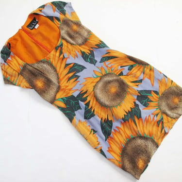 90s Nicole Miller Silk Sunflower Bodycon Dress M 10 - 1990s Yellow Sunflower Cap Sleeve Scoop Neck Sheath Sundress 
