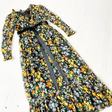 1960s Dark Floral Chiffon Maxi Dress 