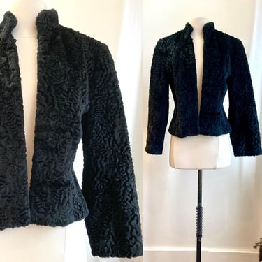 Vintage 50s FAUX FUR COAT Jacket / Curly Lamb / Cropped + Collarless + Hidden Pockets / Bell Sleeves 