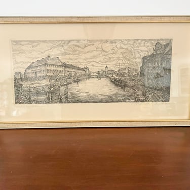Large Vintage Signed Drawing/Print of Muhlendamm Germany. Vintage Framed Wall Decor. 