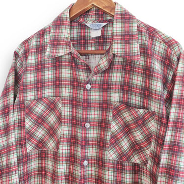 plaid flannel shirt / 60s button up / 1960s Prest Rite red and green cotton flannel button up shirt Large 