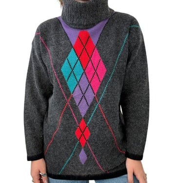 Valerie Stevens Gray Angora Wool Preppy Argyle Dark Academia Turtleneck Sweater 