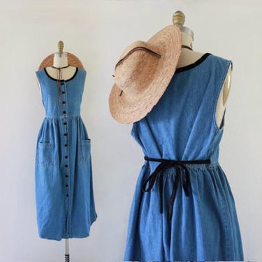 denim tie back dress - m - vintage 90s y2k blue jean button front tie back long maxi size medium 