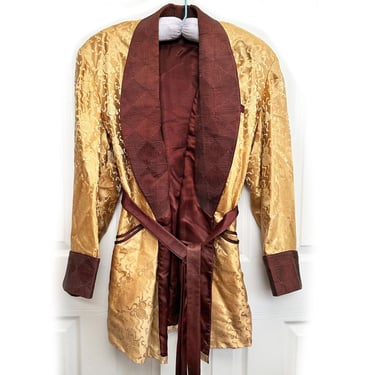 RARE 30's 1940's Mens Smoking Jacket Robe, SILK, Gold & Brown, Vintage Antique, Art Deco, 49