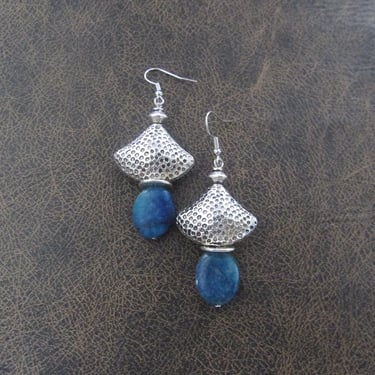 Hammered silver earrings, turquoise bohemian boho chic earrings, ethnic statement earrings, bold mid century modern earrings, unique earring 