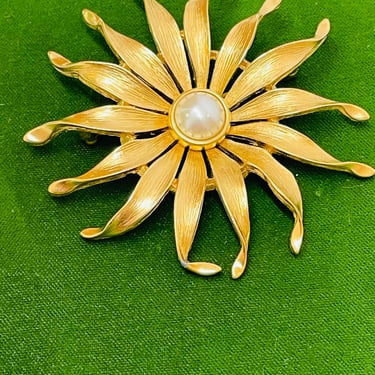 Large Gold Sun Brooch with Pearl Center