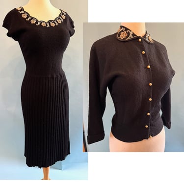 Ultra Cool Two Piece Vintage 1950's Black Sweater Dress  set with beaded trim -- Size Small- Medium 