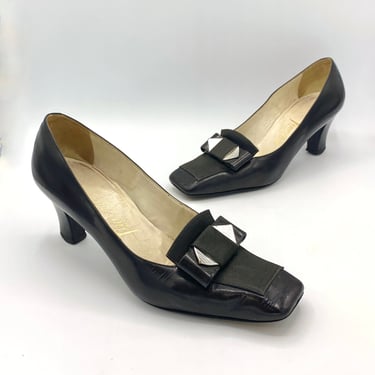 Vintage 1960s Mod Pumps, 60s Black Italian Leather Mid Century Square Toe Finezza High Heels, Size 7 1/2 US 