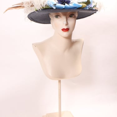 1980s Does Edwardian Gibson Girl Style Wide Brim Blue Floral and Feathered Hat 
