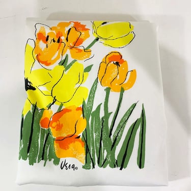 Vintage Vera Neumann Floral Border Print King Flat Bed Sheet Fabric Flowers Mod Bedding Yellow Orange 1970s 