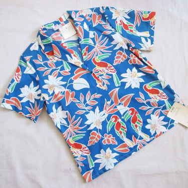 Vintage 80s Tropical Womens Shirt M L  - Deadstock with Tags 1980s Blue Toucan Bird Vacation Tiki Hawaiian Shirt 
