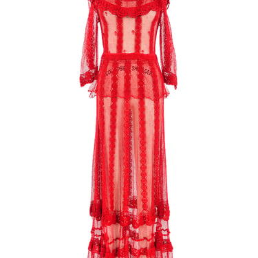 Red Ruffle Net Crochet Maxi Dress