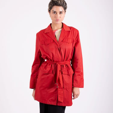 BURBERRY Vintage Red Cotton Trench Coat with Belt + Pockets Chore Jacket Burberry's London 80s Logo Buttons Horse 