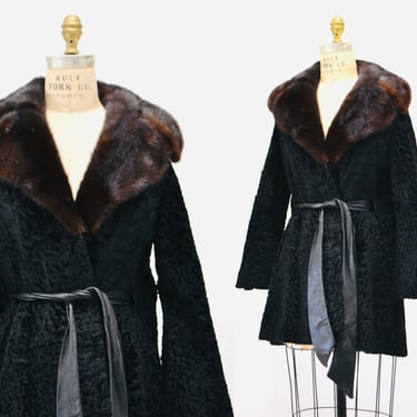 Vintage Black Persian Lamb Mink Fur Collar Coat Jacket Black Brown Broadtail leather Belted Jacket Trench Small Medium By Galleries Furs 