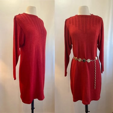 Vintage 70s Dress / Santana Knit / St JOHN for NEIMAN MARCUS / Shoulder Buttons / Minimalist / Brick Color 